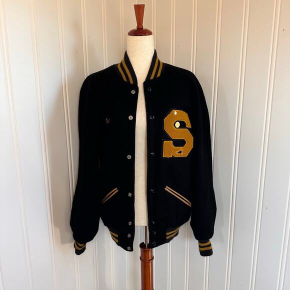 Vintage 80s/90s Black Cheer Letterman Jacket M - Picture 1 of 7